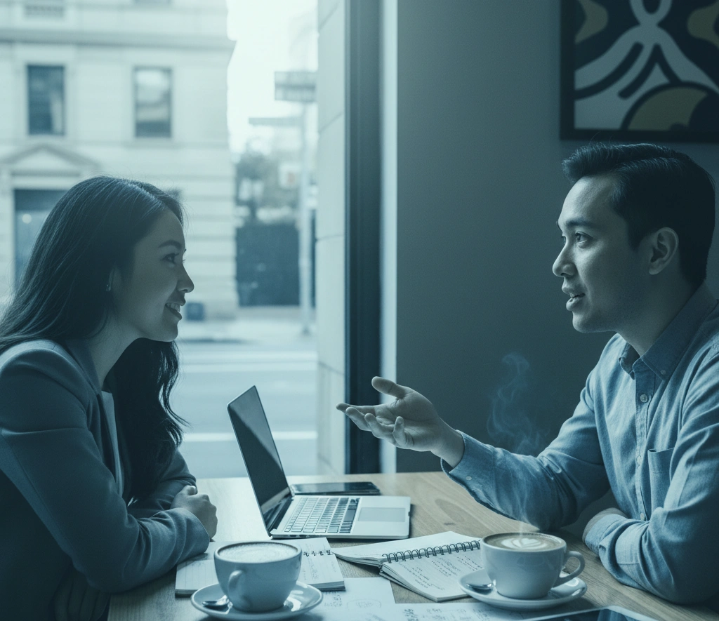 Two professionals discussing work at a coffee shop table with laptops, notebooks, and coffee cups.