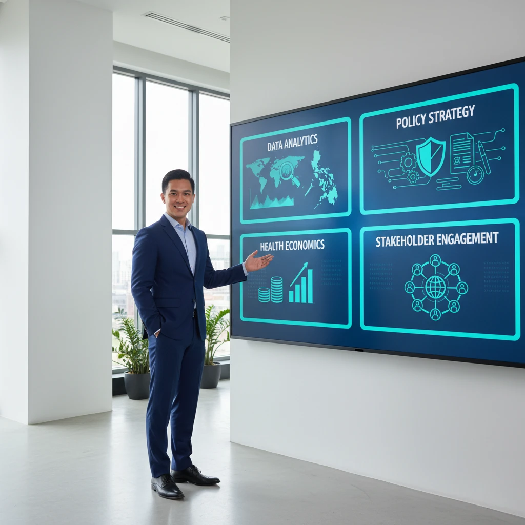 Professional presenting a digital dashboard on data analytics, health economics, policy strategy, and stakeholder engagement in a modern office.