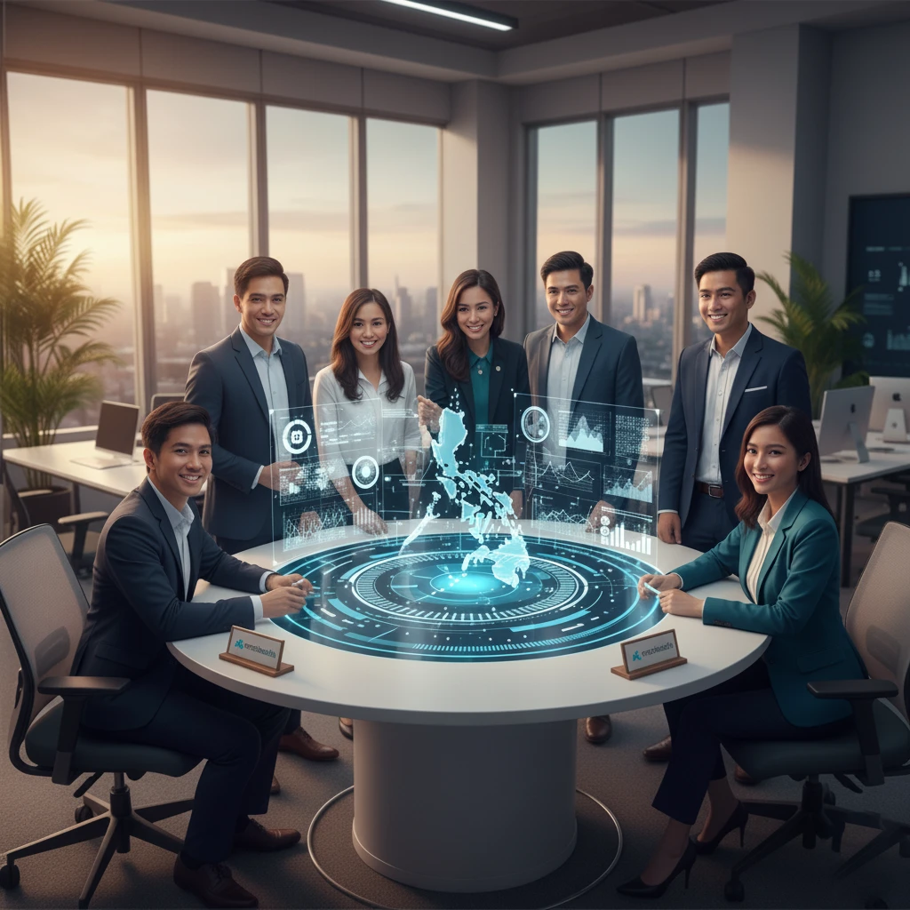 Team of young professionals gathered around a table with a holographic data visualization of the Philippines, representing health innovation and analytics.