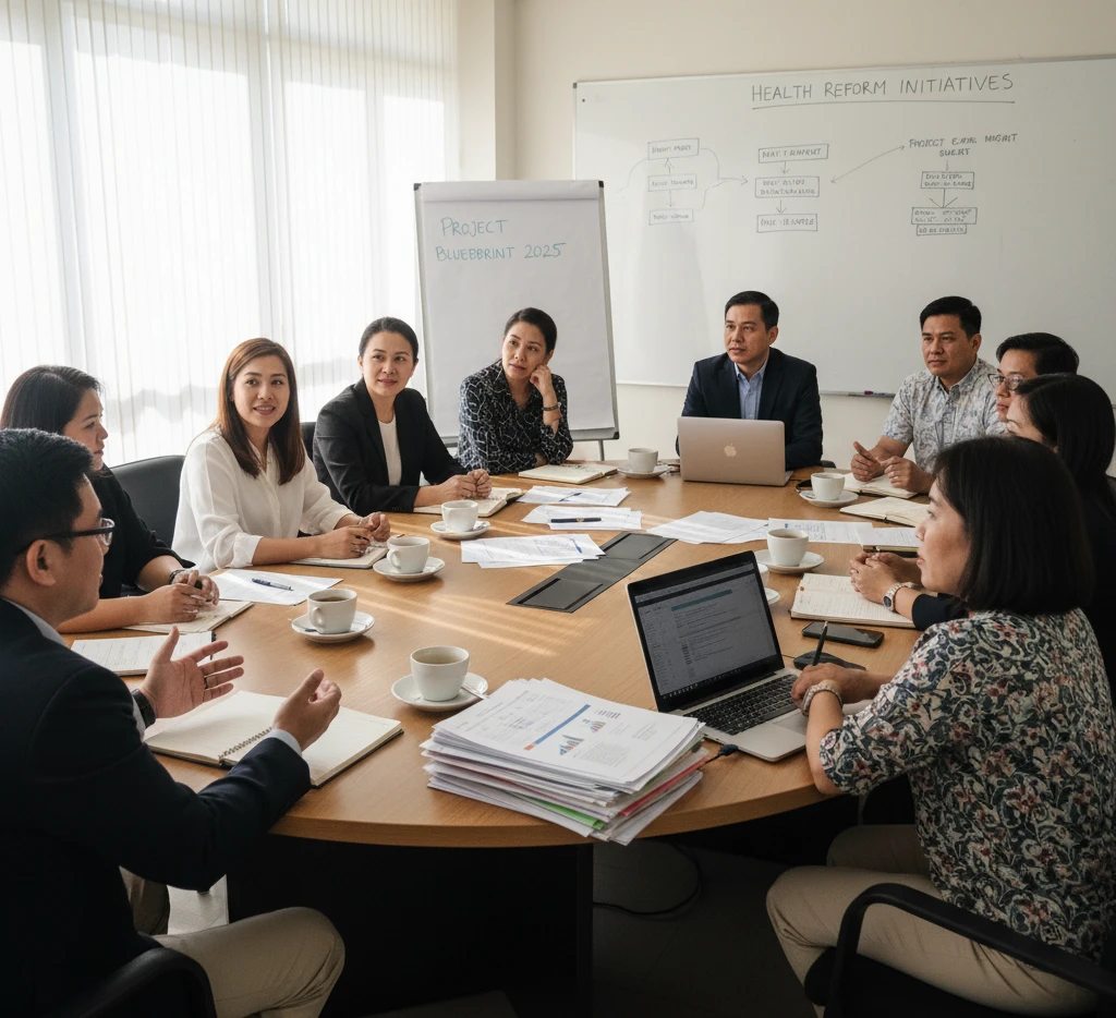 Team of health professionals in a roundtable meeting discussing Health Reform Initiatives and Project Blueprint 2025.