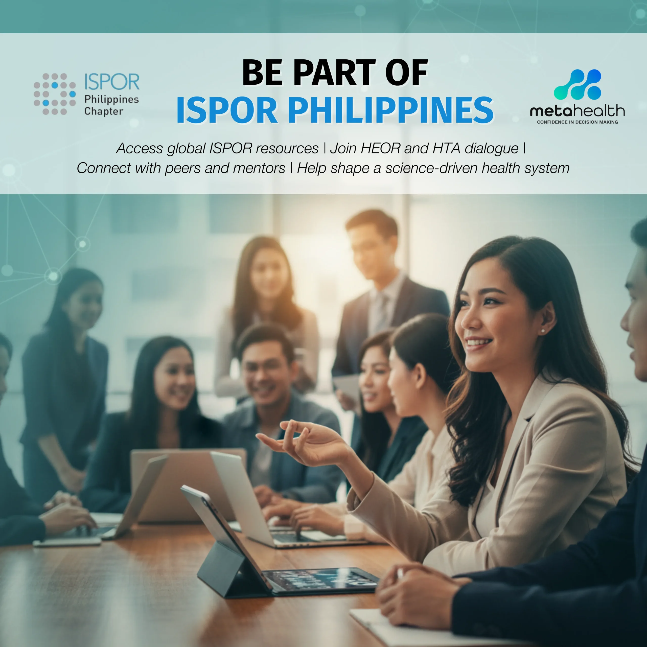 Group of young professionals collaborating in a meeting, featured in a banner promoting ISPOR Philippines membership and global HEOR engagement.