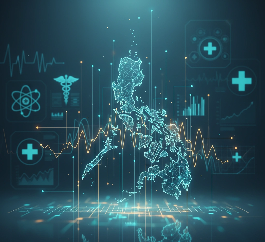 Digital illustration of the Philippines map formed by glowing network lines, surrounded by medical icons, heartbeat graphs, and healthcare data visuals on a futuristic blue background.