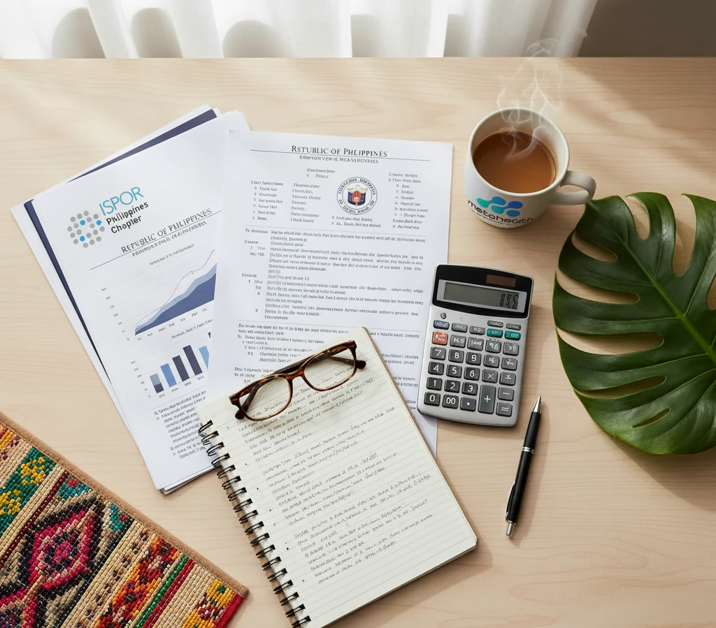 Workspace flat lay showing ISPOR Philippines documents, government papers, calculator, notebook, eyeglasses, and a cup of coffee.