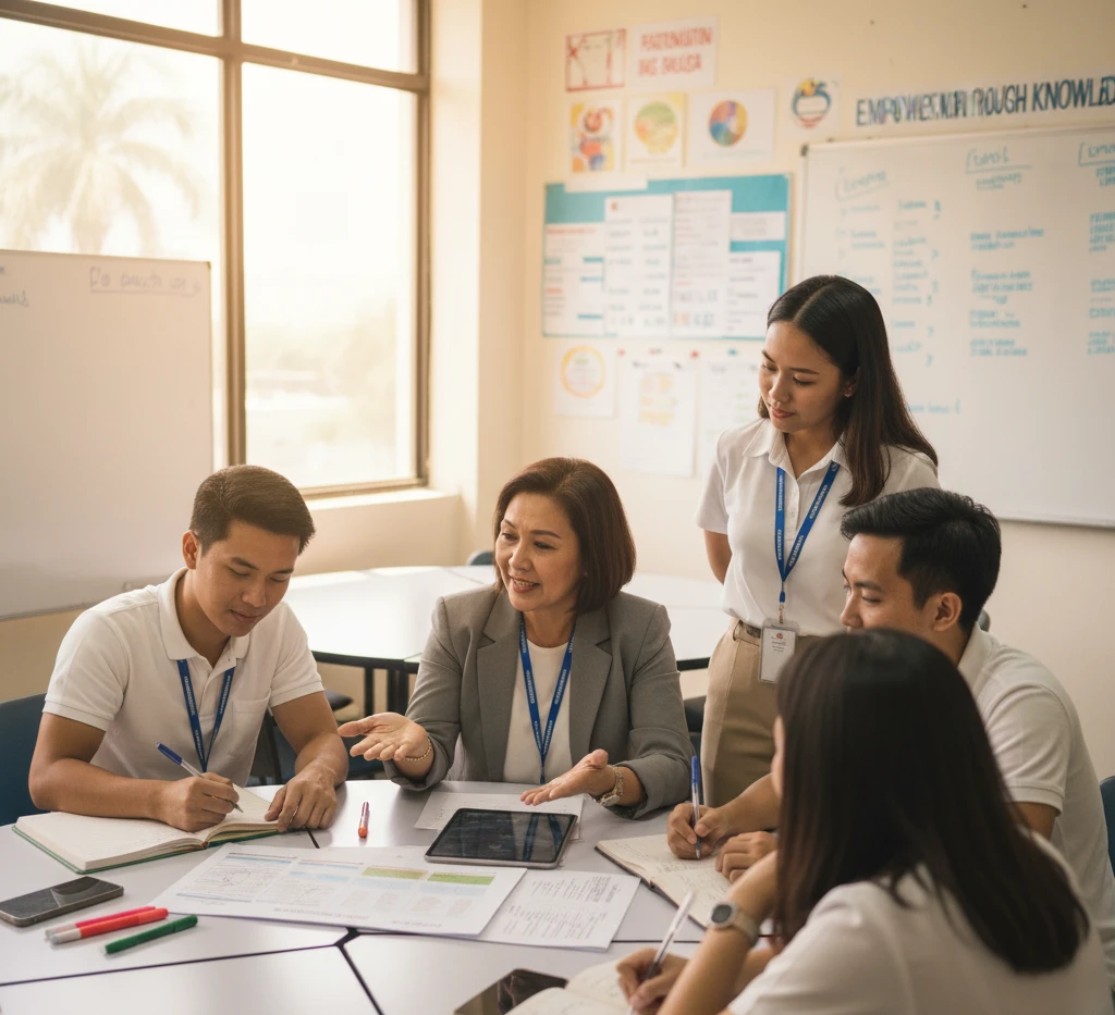 Facilitator guiding a small group of young professionals during a public health workshop, reviewing notes and digital materials.