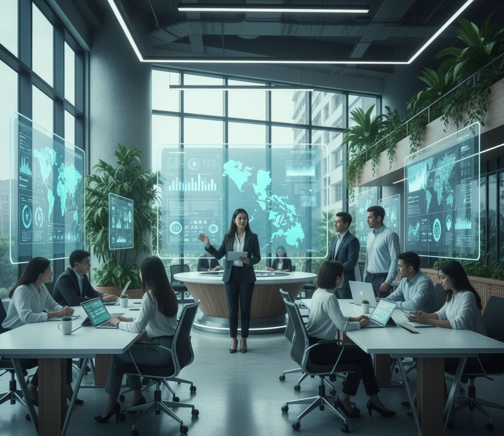 Corporate team collaborating in a modern conference room with large digital screens displaying global and Philippine health data.